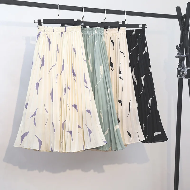 

2019 Summer New Arrival Korean Style Sweet Printed Chiffon Skirt Elegant Elastic Waist Pleated Skirt Women Free Shipping