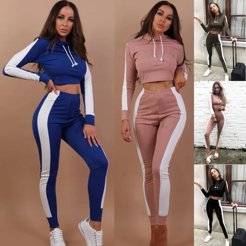 

Autumn and winter new 2018 fashion hooded contrast color casual sports two-piece suit YS818907