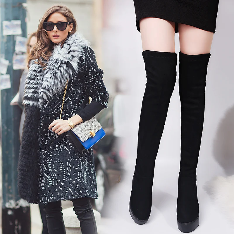 Moxxy/высокие сапоги до бедра замшевые зимние сапоги на платформе женские ботфорты теплая обувь на меху на высоком каблуке-танкетке женские высокие сапоги