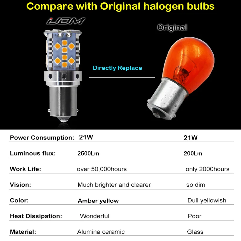 Без резистора Янтарный Желтый 3030 LED 1156 7506 7528 BA15s P21W светодиодные лампы для