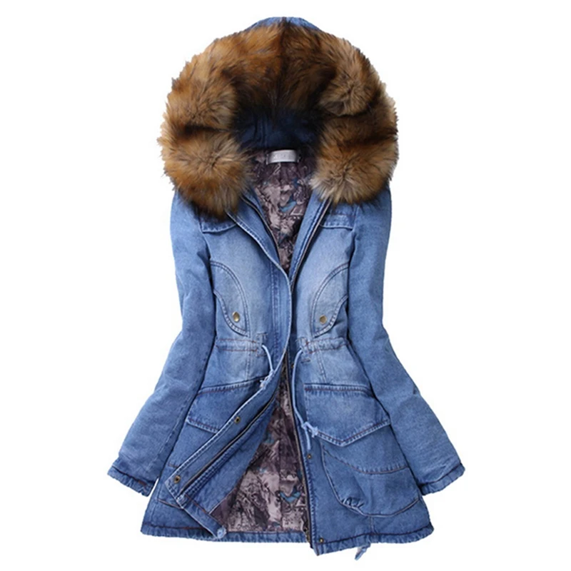 Monerffi зимние пальто для женщин джинсовая куртка искусственный мех с капюшоном Толстая Теплая Верхняя одежда Повседневная Длинная хлопковая стеганая верхняя одежда женские джинсовые парки
