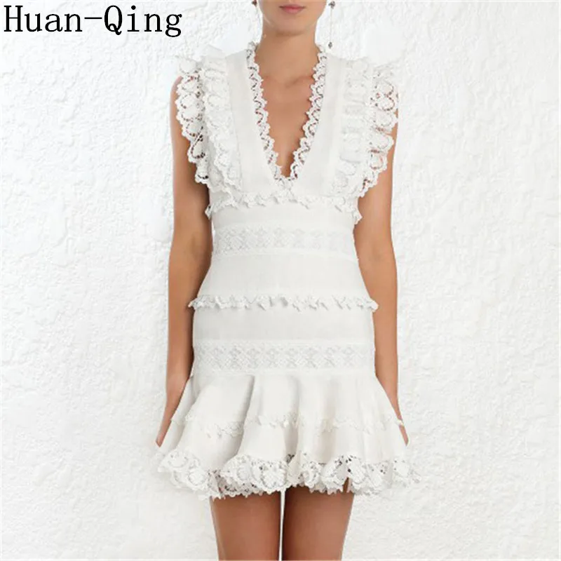 

Summer Runway Women V-Neck Black White Vest Dress Sweet Sexy Lace Patchwork Sleeveless Tank Ruffles Party Mermaid Dress Vestidos