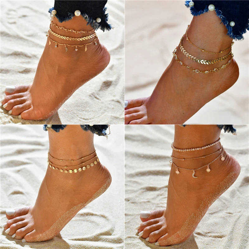 ZORCVENS Gold Color Crystal Sequins Anklet Set For Women Beach Foot jewelry Vintage Statement Anklets Boho Style Summer Jewelry ZORCVENS Gold Color Crystal Sequins Anklet Set For Women Beach Foot jewelry Vintage Statement Anklets Boho Style Summer Jewelry