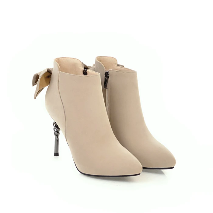 Meotina/женские ботинки ботильоны на высоком каблуке пикантная женская обувь для вечеринок с бантом бархатные женские ботинки осень-зима г. Черный цвет, большие размеры 42, 43 - Цвет: Бежевый