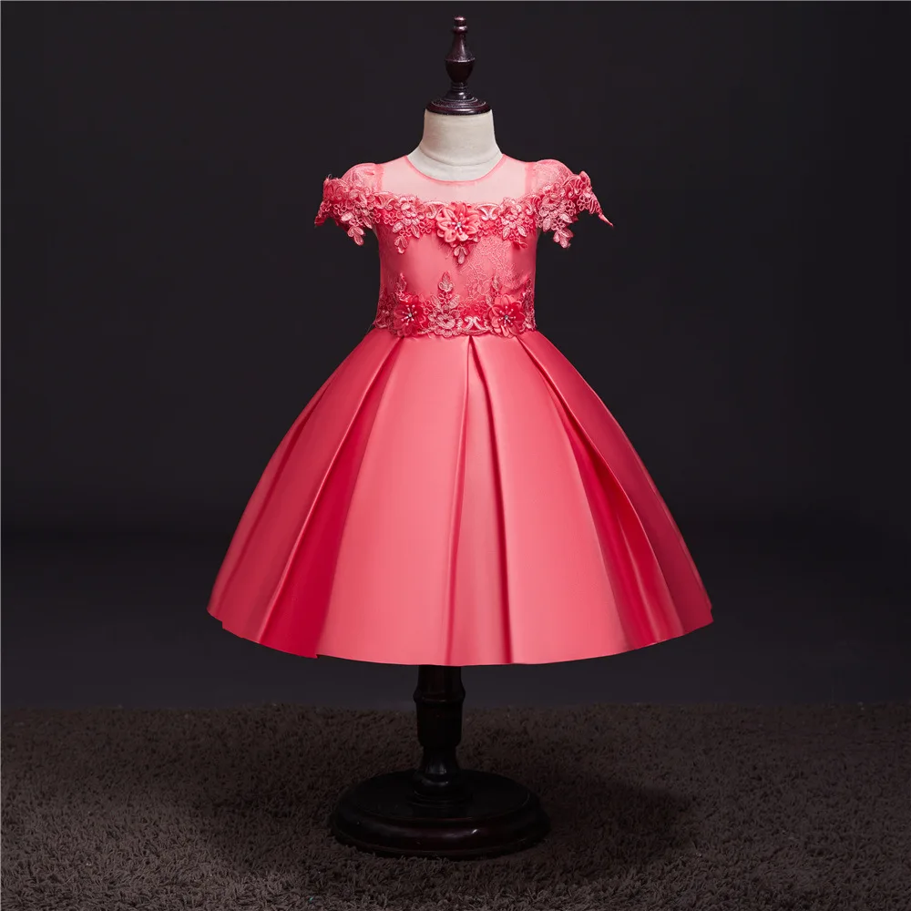 Новое платье с цветочным узором для девочек Детская кружевная цветоная аппликация сатиновый лиф Вечерние свадебные платья одежда принцессы на день рождения