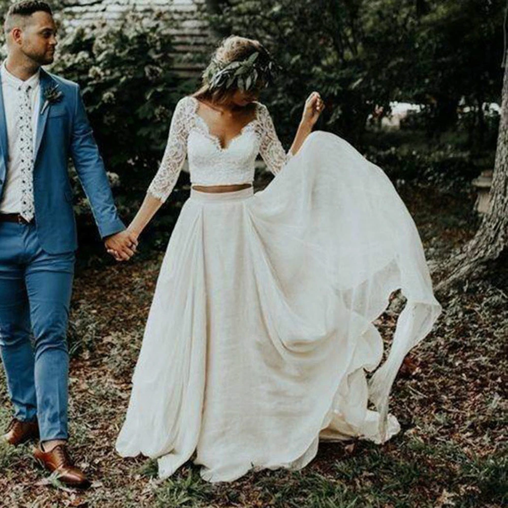 

Lace Two Piece Boho Wedding Dresses Long Sleeves A Line White Ivory Chiffon Beach Bride Gown 2019 V Neck Floor Length Vestido
