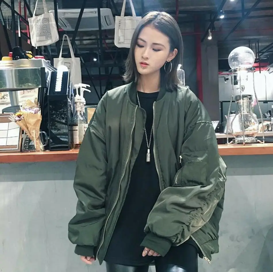 

2016 New Arrival Fashion Men's Unisex Winter Thick Air Force Solid Flight Zipper Loose Bomber Jacket Army Green/Black One size