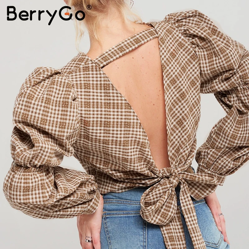 BerryGo Vintage клетчатая рубашка женская sexy блузка спинка зашнуровать женский топ