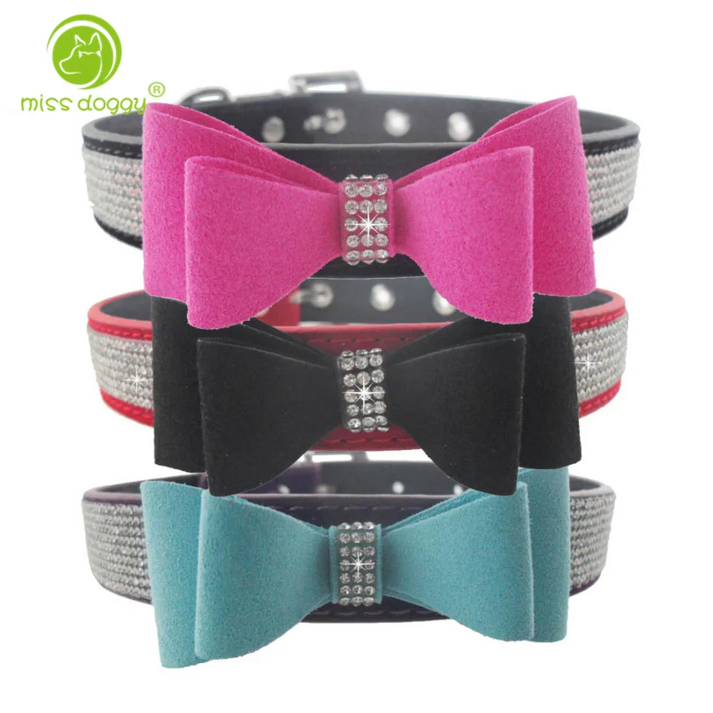 

Flocking Bowknot Adjustable Velvet Leather Dog Puppy Pet Collar Necklace,Rhinestone Collars For Dogs,Cat collar perro,Size S M L