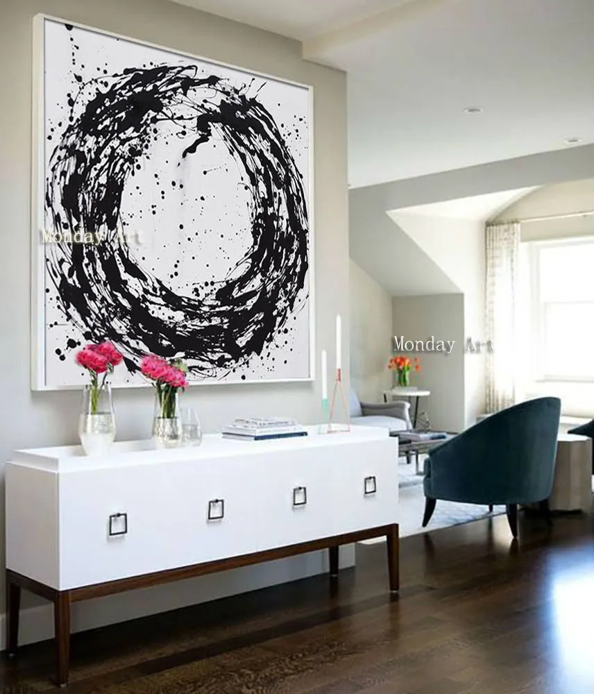 

Aritist hand painted Large Abstract Painting on Canvas handmade Black White Minimal Circle Square oil painting Wall Art picture