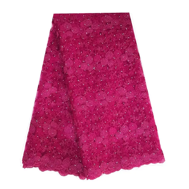 

Floral Fushia Pink Lace Fabric 5 Yards Nigerian Laces Embroidery Cord Lace Fabric with Plenty Stones African French Fabrics 2019