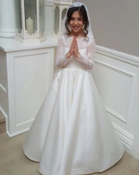 

Elegant sheer french lace long sleeves open back satin flower girl dresses for garden wedding and party little kid bridesmaids