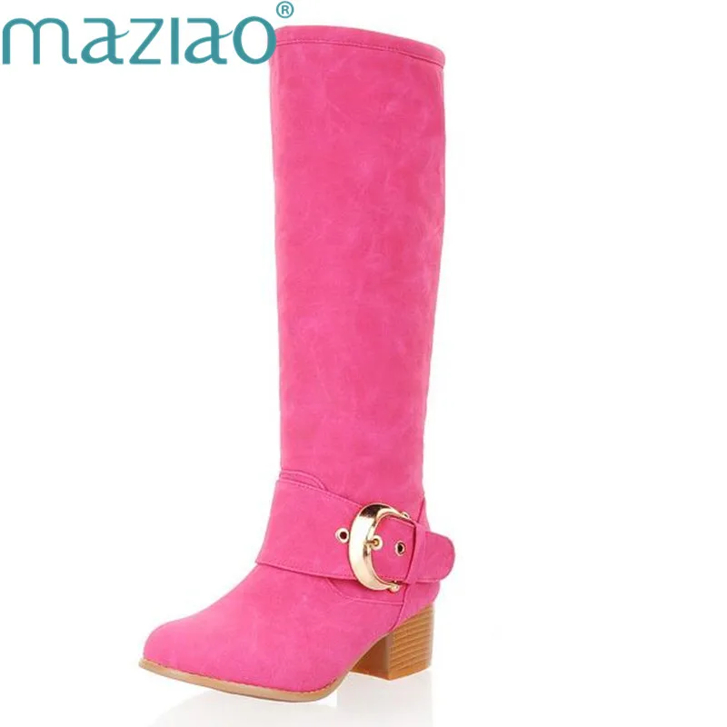 

MAZIAO Hot Sale Knee Boots Women Winter High Heel Long Boots Buckle Autumn Female Large Size 34-43 Winter Ladies Shoes