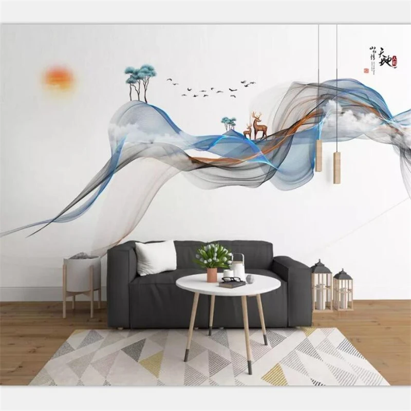 

beibehang Mural wallpaper custom photo living room bedroom Chinese style hand-painted abstract lines ink landscape elk mural