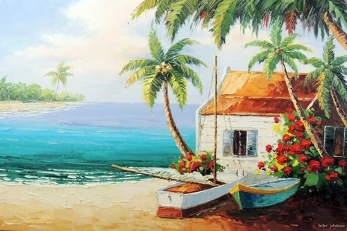 Isla caribe Beach House Sand barcos bote palmas arte pintura al painting art|painting boat - AliExpress