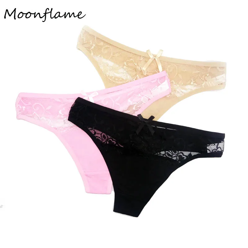 

Moonflme 3 pcs/lots Sexy Lace Transparent Cotton Thong Underwear For Women 87313