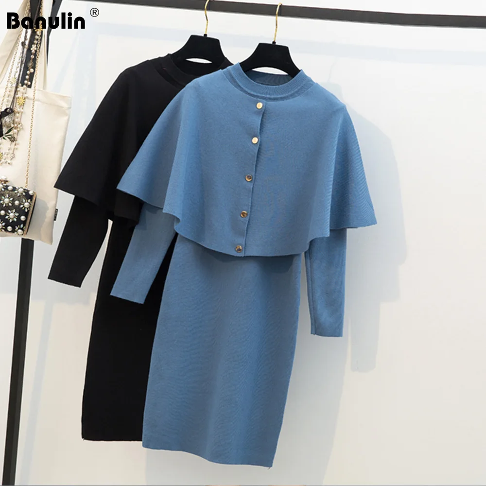 

2019 Winter Knit Suit Set Women 2-pieces Suit Dress Single Breasted Short Cape Cloak Sleeve Sweater+Bodycon Knitted Dress Suit