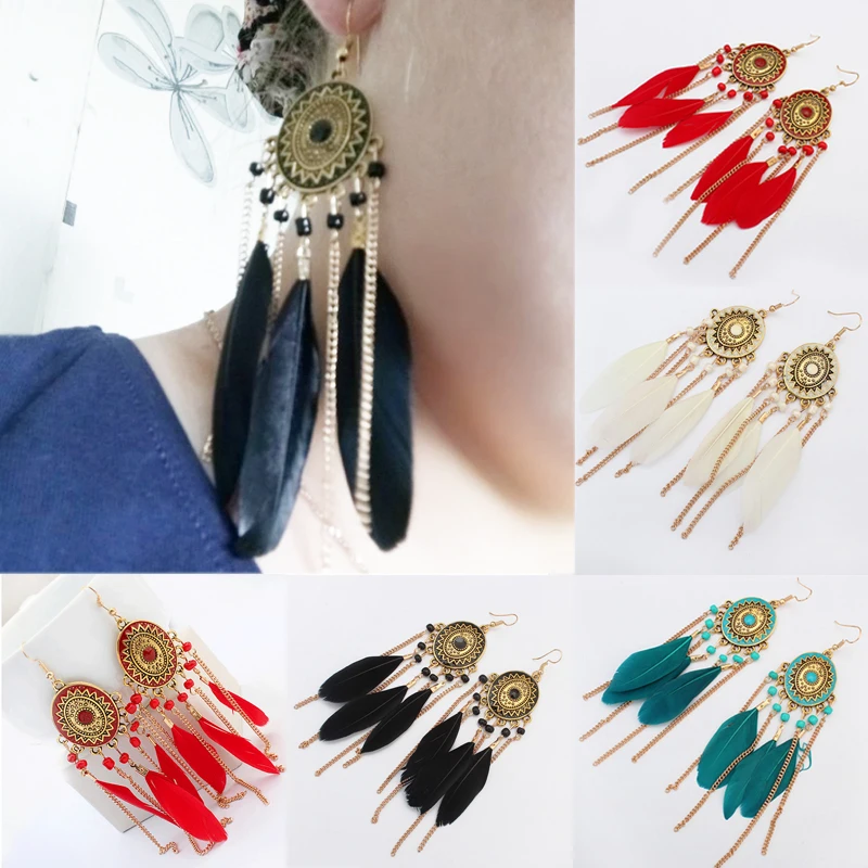 

2018 New Arrival Unique White Black Green Red Feather Flower Girls 1Pair Women Big Bead Boho Wedding Long Tassel Drop Earring