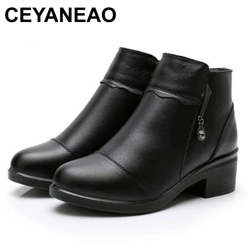 

CEYANEAO New Black Bull Leather Shoes Women's Shoes 2019Elegant Winter Boots with Rhinestones Women's Non-Slip Velvet Ankle Boot