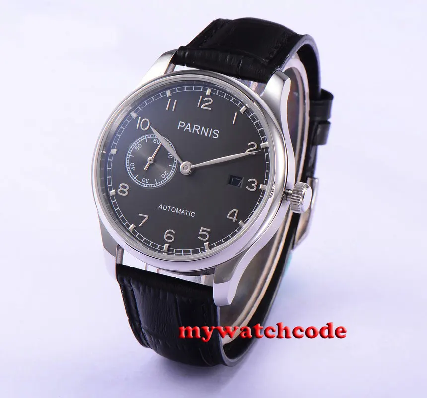 

43mm parnis gray dial automatic movement black leather mens watch P586