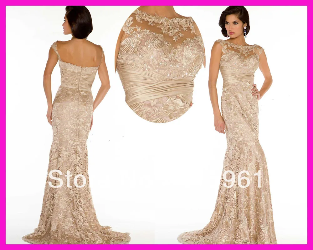 

Champagne Cap Sleeve Sheath Lace Long Evening Gowns Mother Dresses Free Shipping E3478