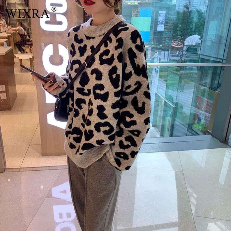 

Wixra Stylish Leopard Print Sweaters Autumn Winter Spring Female O Neck Ladies Knitted Pullovers Womens Clothing 2019 Hot