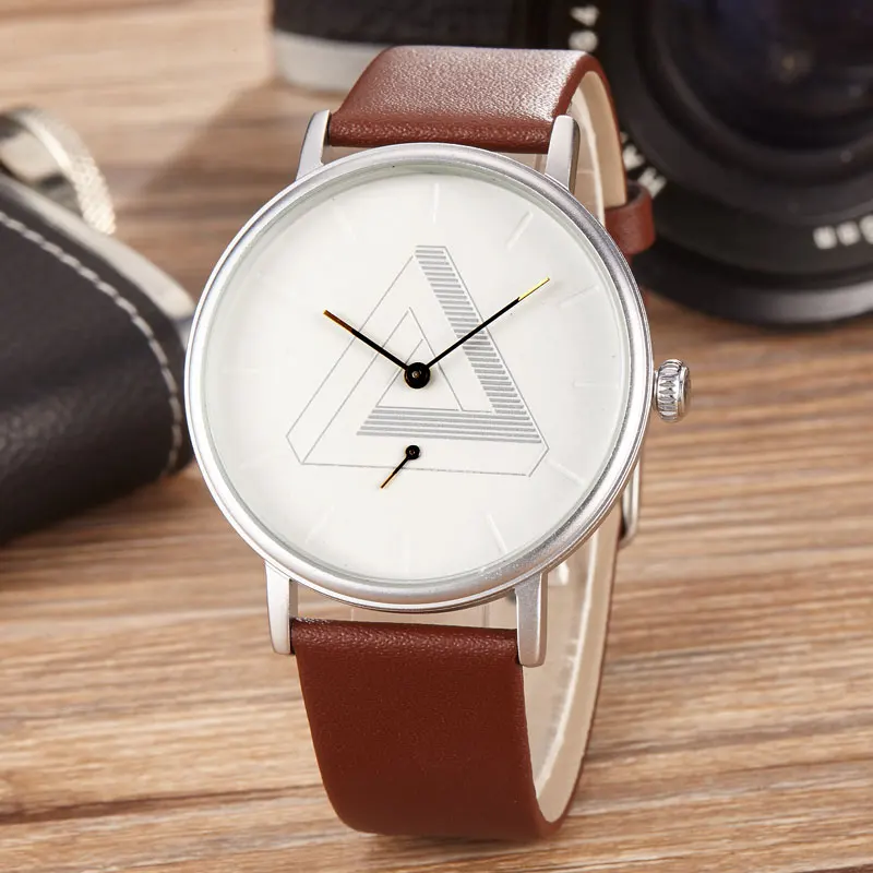 

New Simple Design Fashion Mens Watches Triangle Pattern Round Slim Dial Genuine Leather Strap Quartz Mens Watches Male Relogios