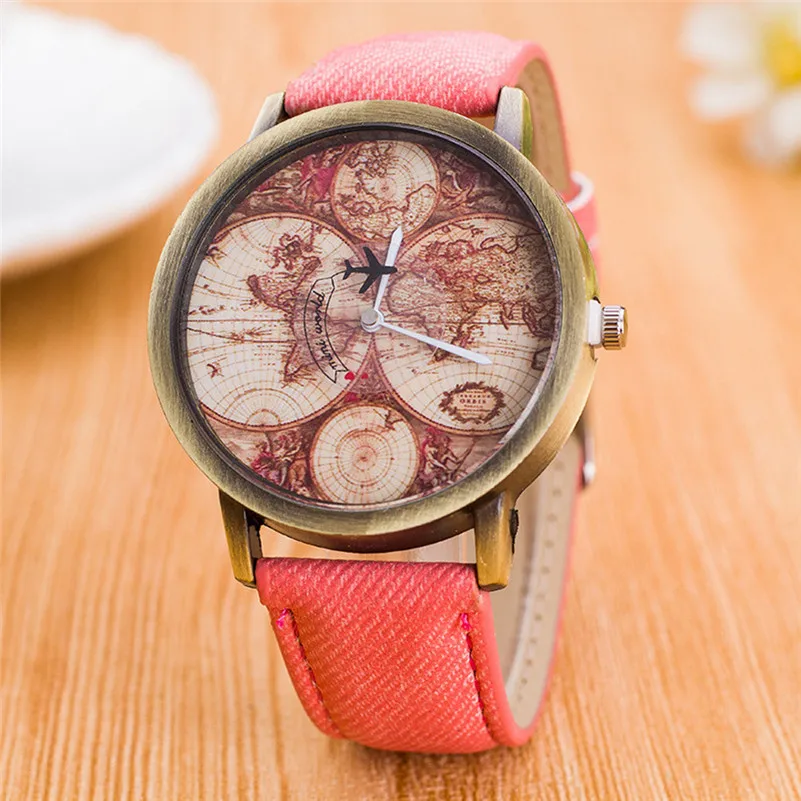  New fashion branded watch Women's World Map Cowboy Band Analog Quartz Wrist Watch Women Wholesale #2AP16 (11)