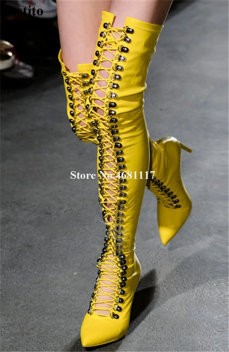

Brand Women Fashion Pointed Toe Over Knee Stiletto Thin Heel Gladiator Boots Lace-up Yellow White Slim Long High Heel Boots