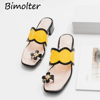 

Bimolter Shoes Women Summer Open Toe Slippers Patent Leather Women Flip Flops Square Heel Ladies Fresh Flowers Sandals FC129