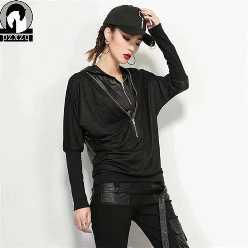 Kaufen 2018 neue Hip Hop Winter Herbst Frühling Mit Kapuze T shirt Frauen Top T Long Sleeve Gestrickte Pu Fledermaus Ärmel Casual Damen tops T Shirts
