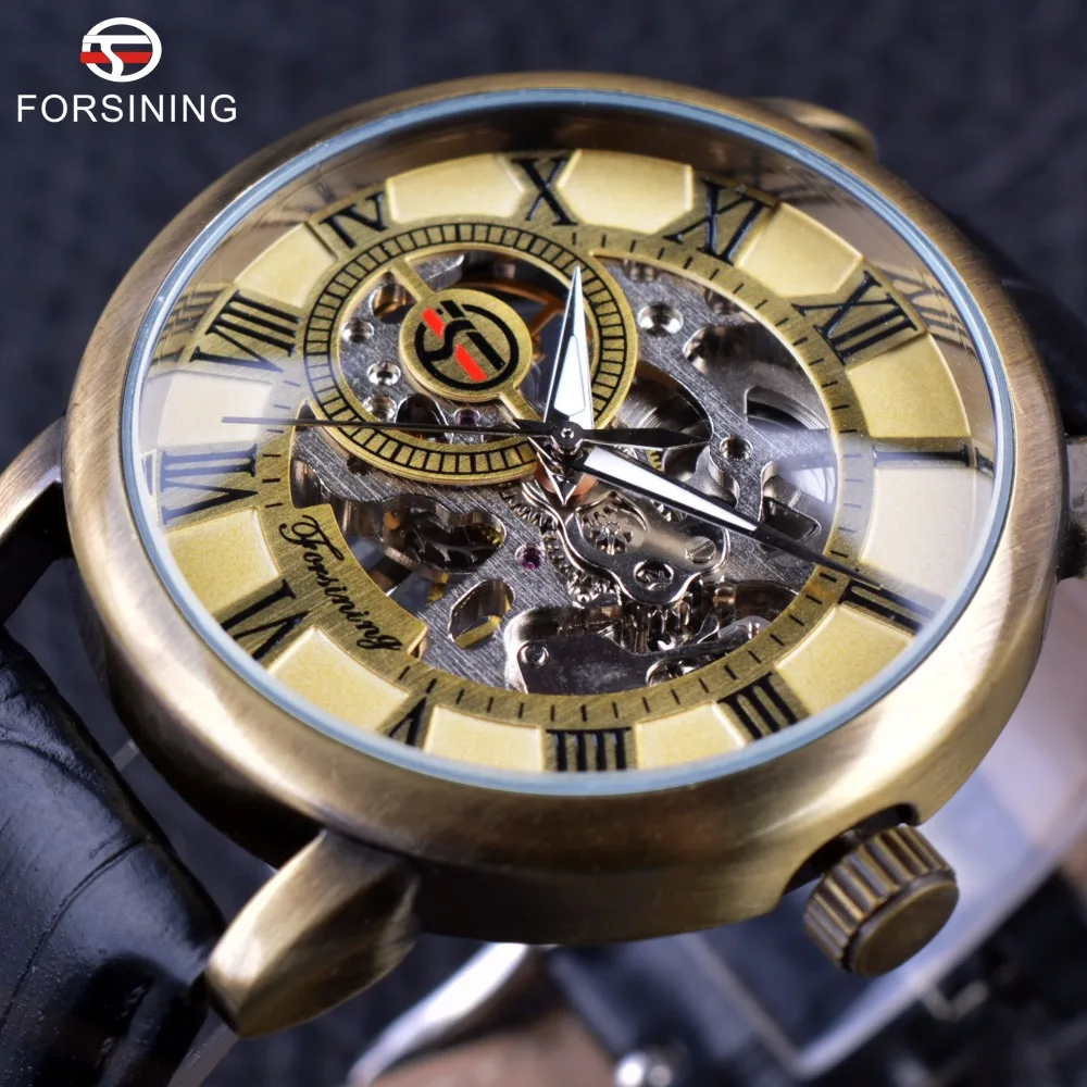 Forsining 2016 Retro Classic Bronze Design Transparent Case Back Men Watch Top Brand Luxury Male Skeleton Mechanical Wrist Watch