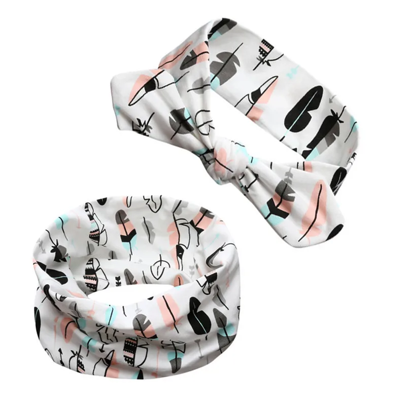 new cotton o ring feather cat panda cartoon baby kids scarf +headband sets boys girls collars children neckerchief headwear