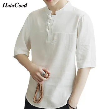 

2018 New Chinese Style Summeer Trend Fashion Cotton Tops Linen T-Shirt Men's Short Sleeve Buckle Large Linen Summer Loose Tees