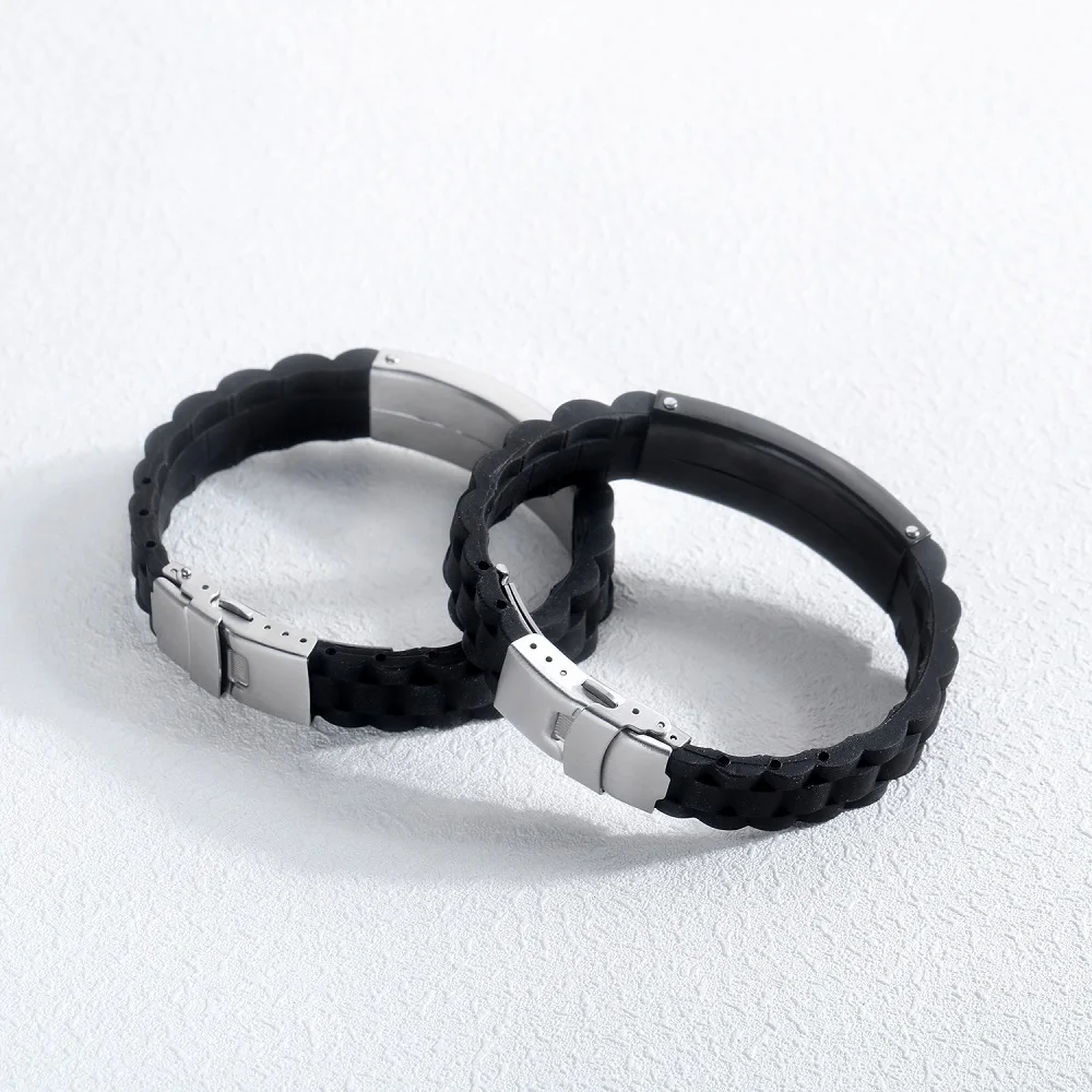 FATE LOVE Brand Fashion Jewelry Boy Men ID Bracelet Wristband Bangles Silicone + Stainless steel in Silver Black color