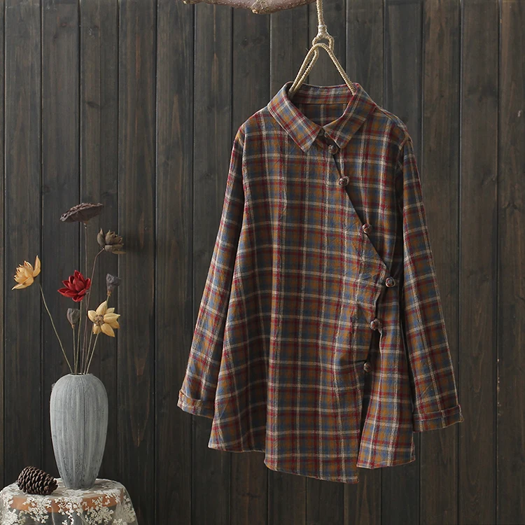 Vintage Mori Girl Plaid Tops 2019 Spring New Cotton Big Size Shirt Long Sleeve Female Korean Fashion Blouse YoYiKamomo |