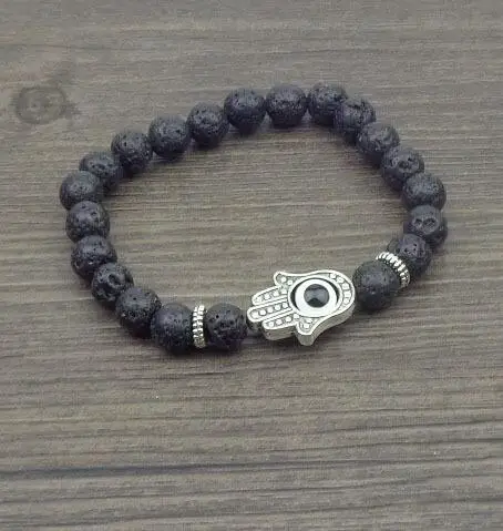 

12 pcs/lot Wholesale Boho Jewelry volcanic rock beads Evil Eye Hand Bracelet HAMSA pulseiras Man Amulet Jewelry bracelet