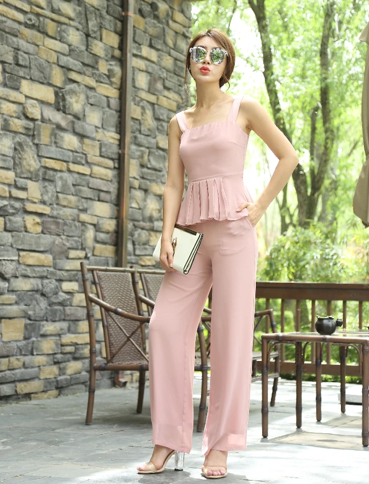 

2018 Summer Women Two Piece Set Top and Pants Party Sleeveless Chiffon Slash Neck Elegant Pink Color Full Length Woman Clothes