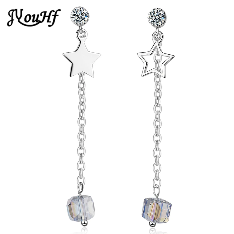 

JYouHF Elegant 925 Sterling Silver Star Earrings for Women Square Crystal Pendant Charm with Long Chain Earings Fashion Jewelry