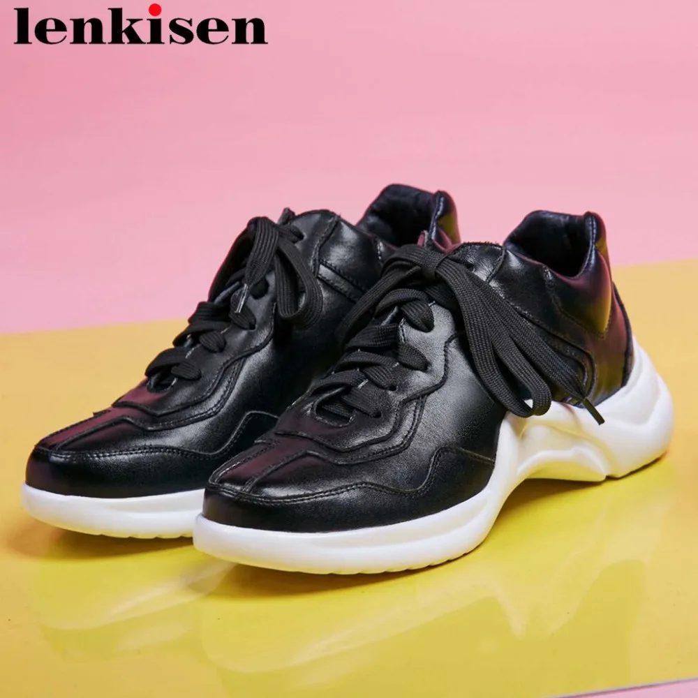 

2019 concise style sneakers shallow vulcanized shoes lace up round toe thick med bottom platform genuine leather casual shoe L11