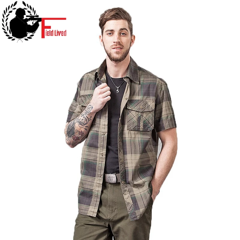 

Men's Casual Button Plaid Shirts Pure Cotton Short Sleeves Men Army Uniform Military Style Clothing Summer Slim Shirts Male