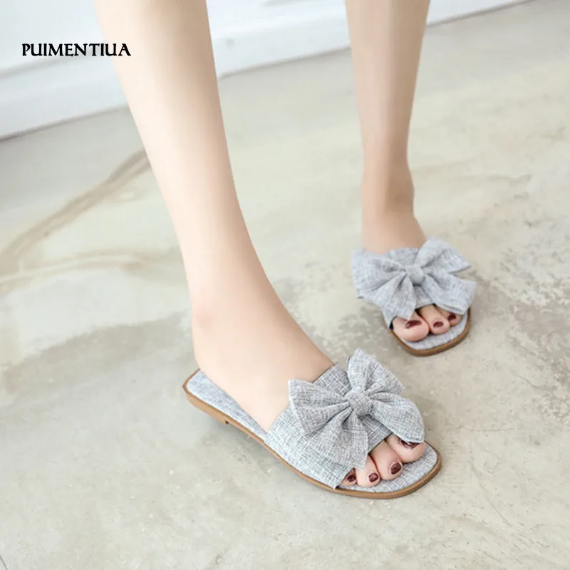 

Puimentiua New Fashion Women's slippers with bow-knot suede flat-soled sandals wearing non-slip pure color comfortable slippers