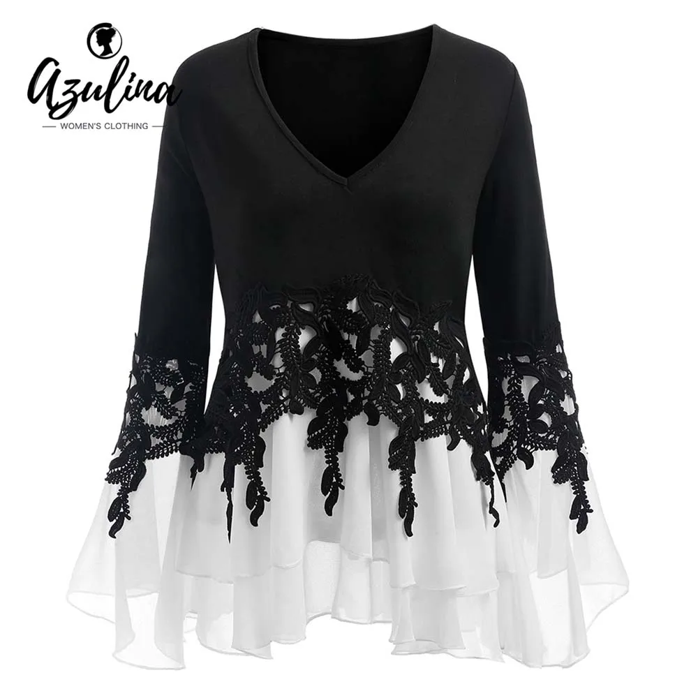 Tanie AZULINA Plus Size Aplikacja Warstwami Bluzka Kobiety Bluzki 2018 Spadek Nowe Mody V Neck Długie Rękawy Panie Topy Blusas Odzież