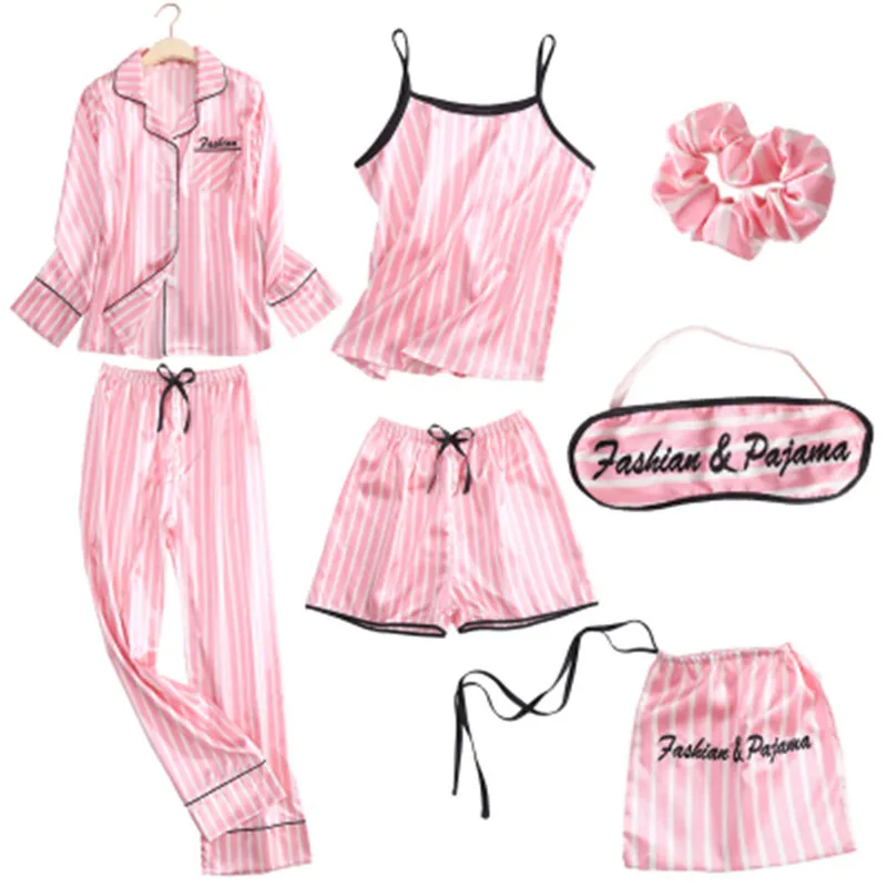 

Pajamas seven piece set Korean New Female summer spring long sleeves shorts sexy sling simulation silk home clothes suit