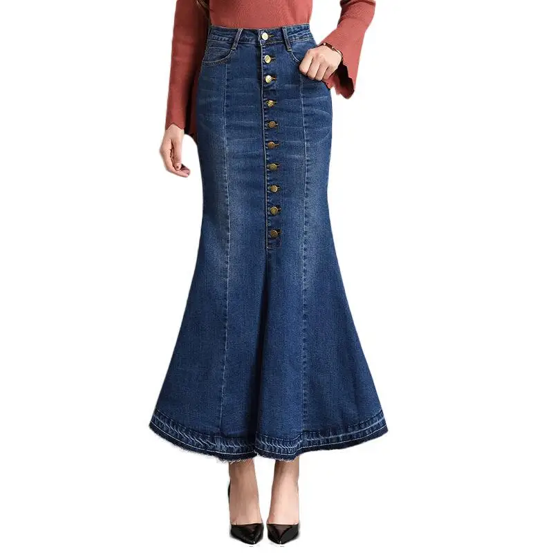 Джинсовые длинные юбки размера плюс, на пуговицах, 4XL, 6XL, 7XL, для женщин, больше размера d, сексуальные женские облегающие длинные джинсовые юбки до щиколотки - Цвет: blue
