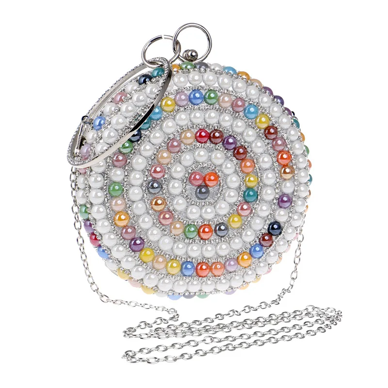 

Ceramics Mixed Color Women Handbags With Handle Metal Diamonds Evening Bags Beaded Round Design Party Dinner Bags