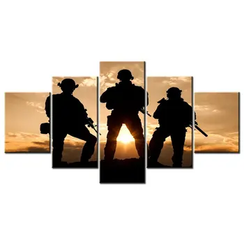 

5 Panel Prints Military Canvas American Army Troops Silhouettes Photos Picture American Soldiers in the sunset Wall Art Painting