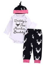 Christmas Newborn Baby Girls Long Sleeve Clothes Letters Romper+Deer Long Pants Hat Outfits Set High Quality