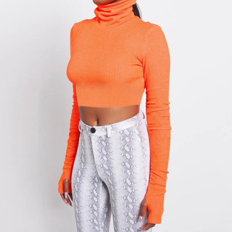 

Women Turtleneck Long sleeve Bottoming Shirt Female Autumn Winter T-shirt Sexy Short Tops New Solid Streetwear Fluorescent M0325
