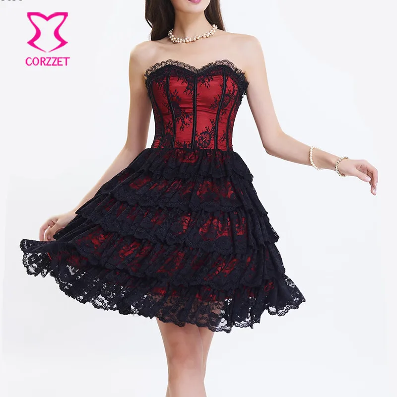 Corset Dress Red Satinandlace Victorian Gothic Overbust Corsets And Bustiers Waist Trainer Party 